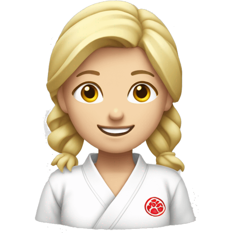 blond judo girl with wide smile and hands next to face emoji