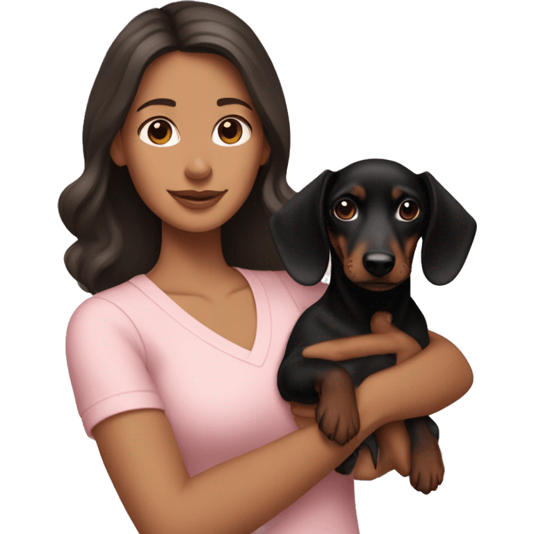 a brunette woman in a light pink shirt, with light skin, holding black dachshund puppy in her arms emoji