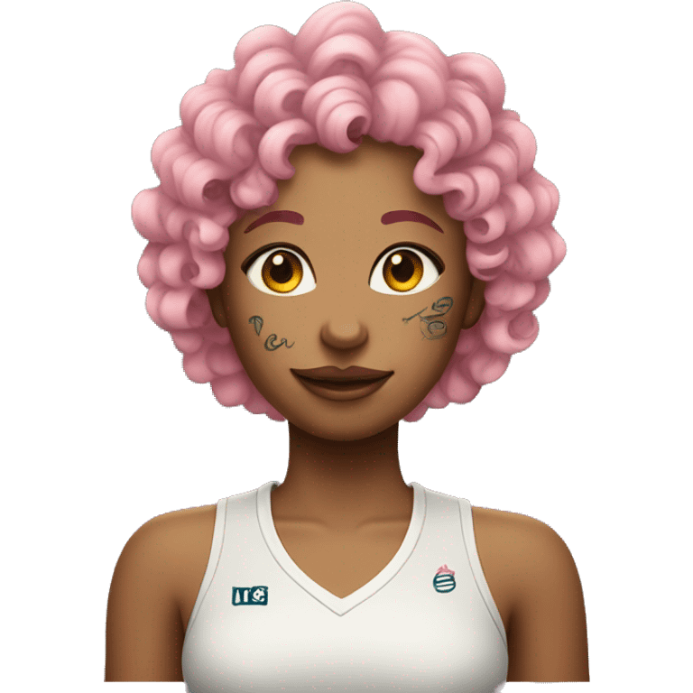 Tennis girl with pink curly hair and tattoos emoji