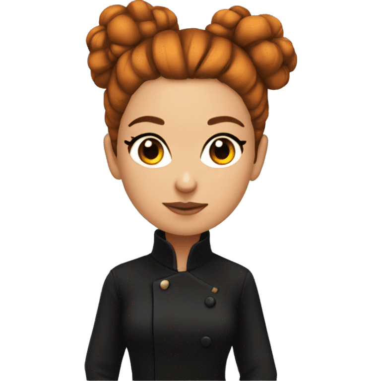 orange girl with brown hair, with shiny black coat with hair in a messy bun with heavy makeup on emoji