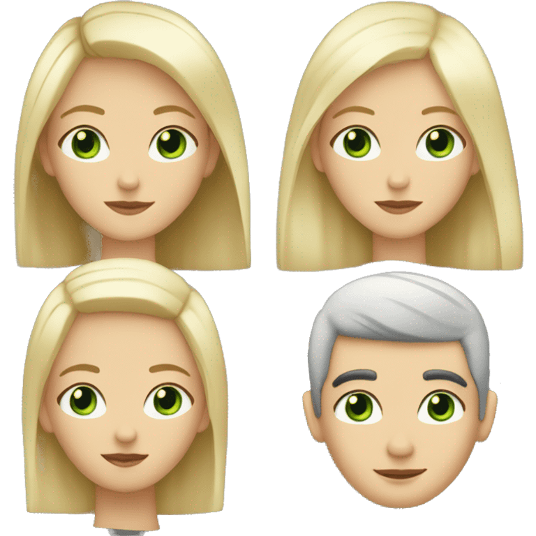 Girl, straight blonde hair, white, green eyes; man, black hair, white emoji