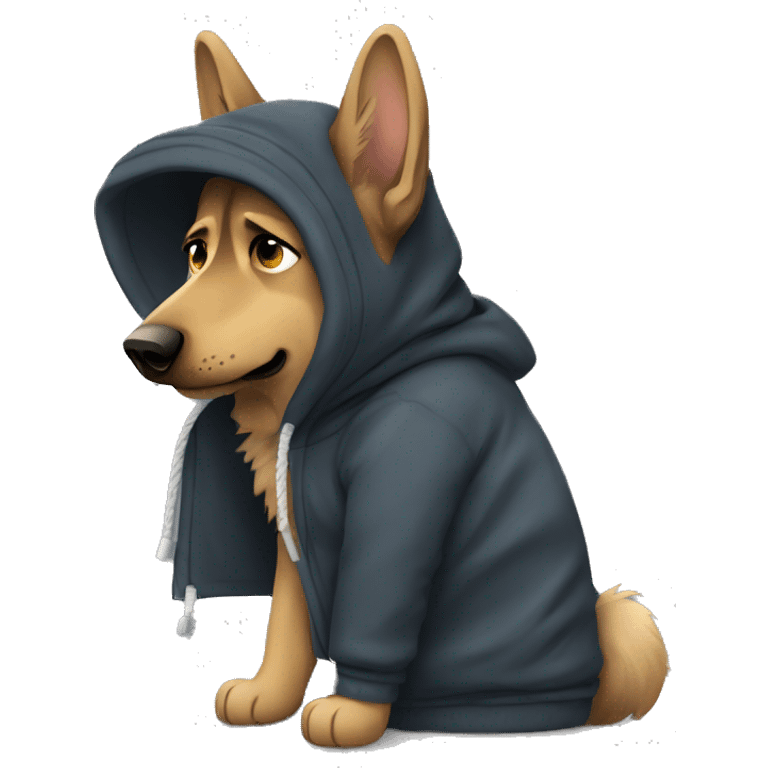 German shepherd wearing a hoodie and hes feeling cold emoji