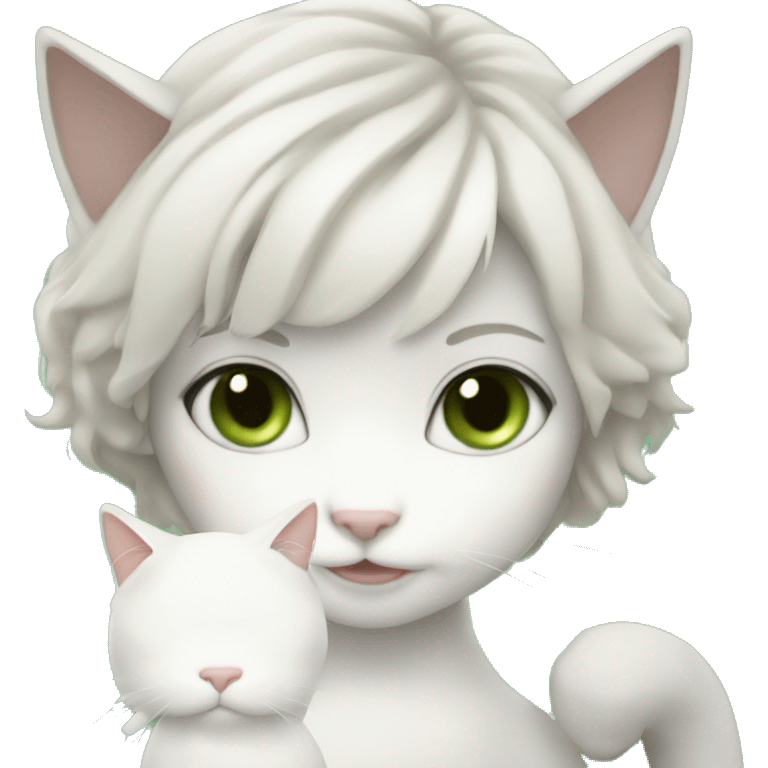 white cat with tan and grey spots on head and green eyes and brunette white girl holding cat emoji