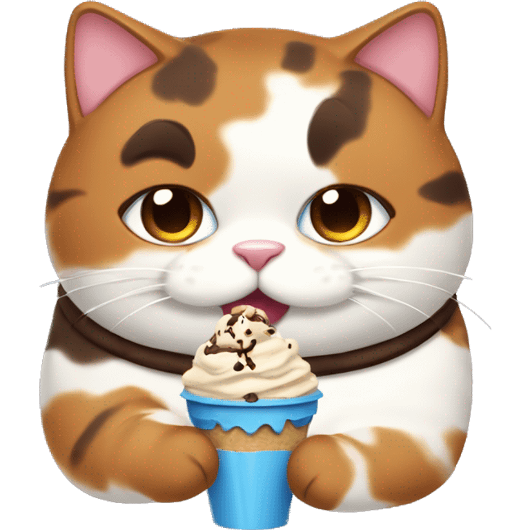 Fat calico cat eating chocolate icecream emoji