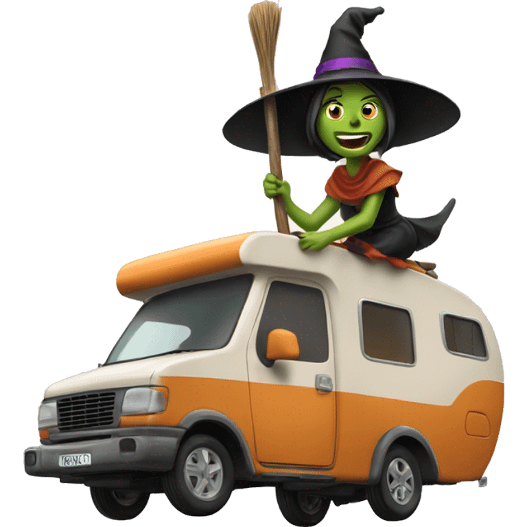 caravan with a witch riding a broom emoji