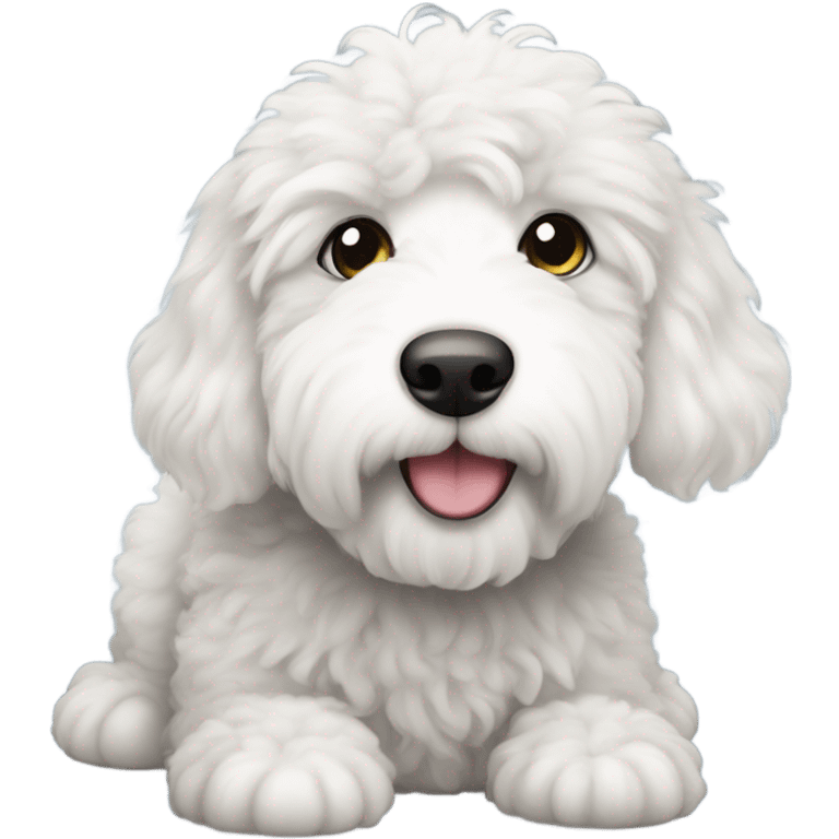 Create an emoji of a sheepadoodle puppy iith bright  wide open eyes emoji