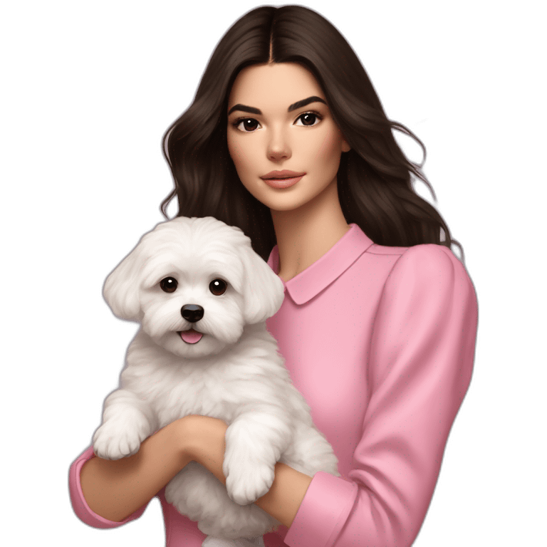 brunette Kendall Jenner with long hair holding on the hands white maltipoo wearing pink collar emoji