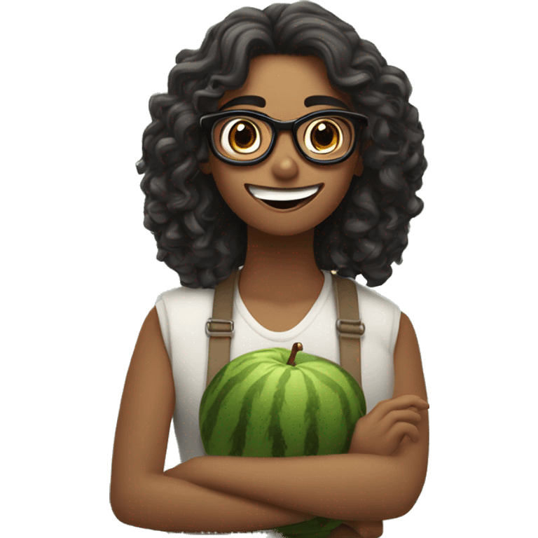 fruit-themed date. woman fair skin, shoulder-length curls, glasses, and a slightly shocked expression, as if she’s not excited about the date. The man should have an emo hairstyle and light or olive skin, with a happy and enthusiastic expression emoji