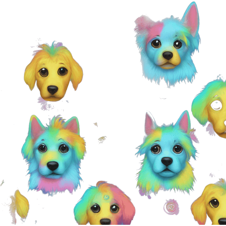 Multicolored rainbow retro groovy tie dye hippie trippy floral patterns on a metallic holographic iridescent blue dog face head unicorn emoji