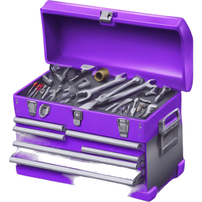 Realistic metallic purple tool box with top open and purple tools inside of it isolated.  emoji