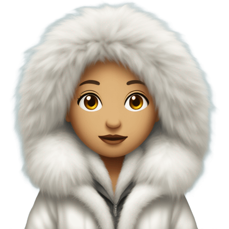 Girl in a big fluffy oversized white fur coat with hood on emoji