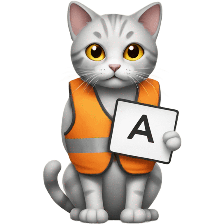 cat with a sign and an orange vest emoji