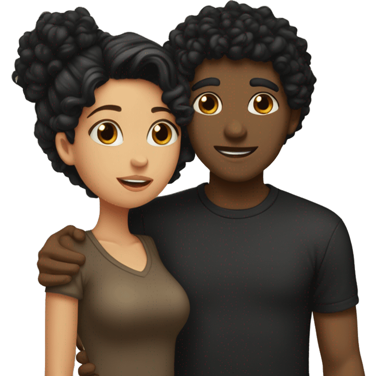 Girl with curly black hair wearing a brown shirt kissing a man with black hair wearing a black shirt emoji