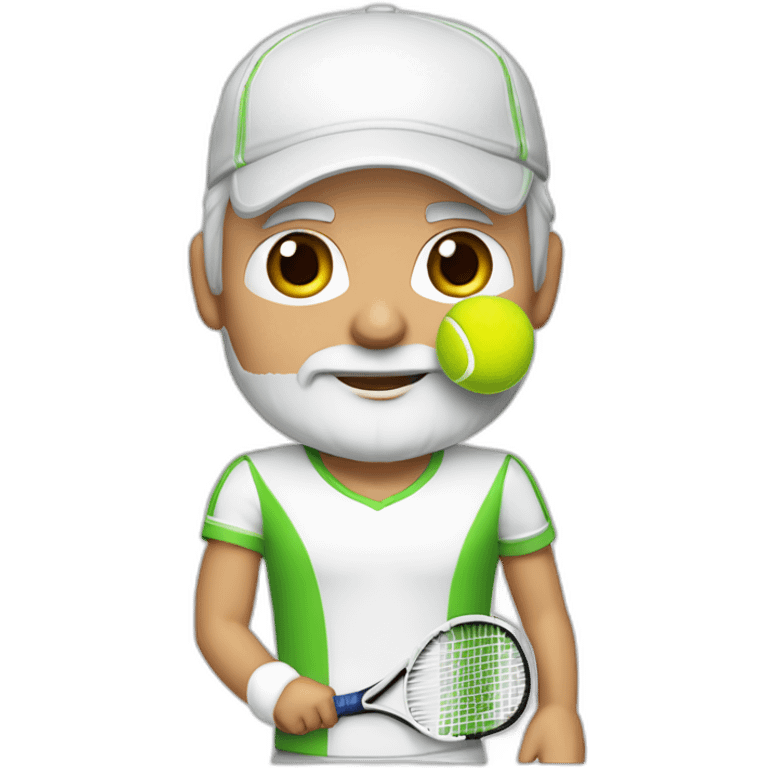 Tennisplayer white-male in his 50s,Green-eyes, gray-hear, white-beard, white cap and white-shirt with tennis-raquet and tennis-ball emoji