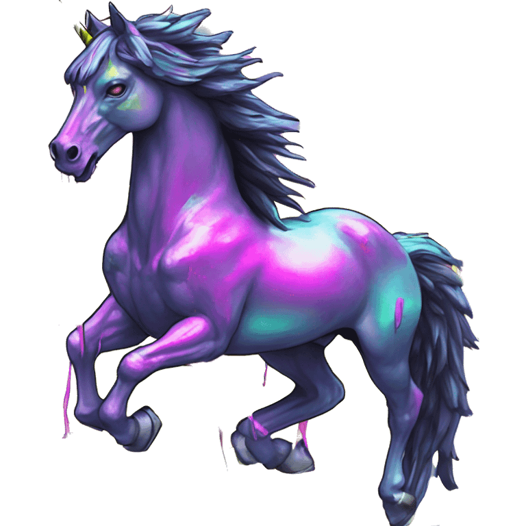 .Zombie_ Vaporwave black holographic oilslick zombie unicorn yellow caution tape graffiti Pegasus emoji