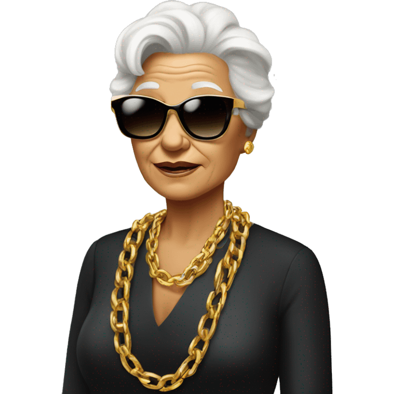 rich cool grandma in black sunglasses with a gold chain emoji