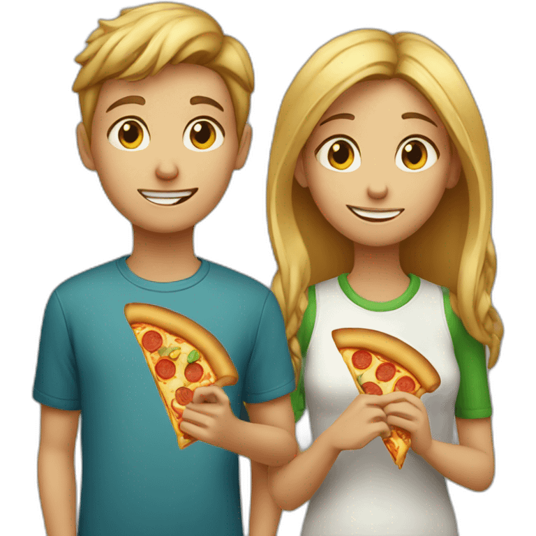 girl and boy eats pizza emoji