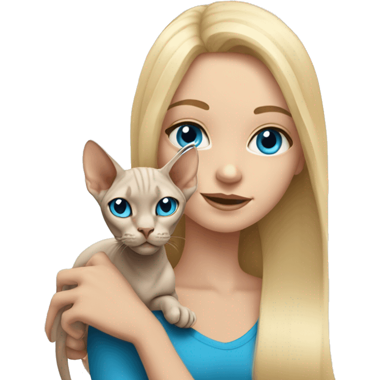 Blonde girl with long hair and blue eyes holding sphynx cat emoji