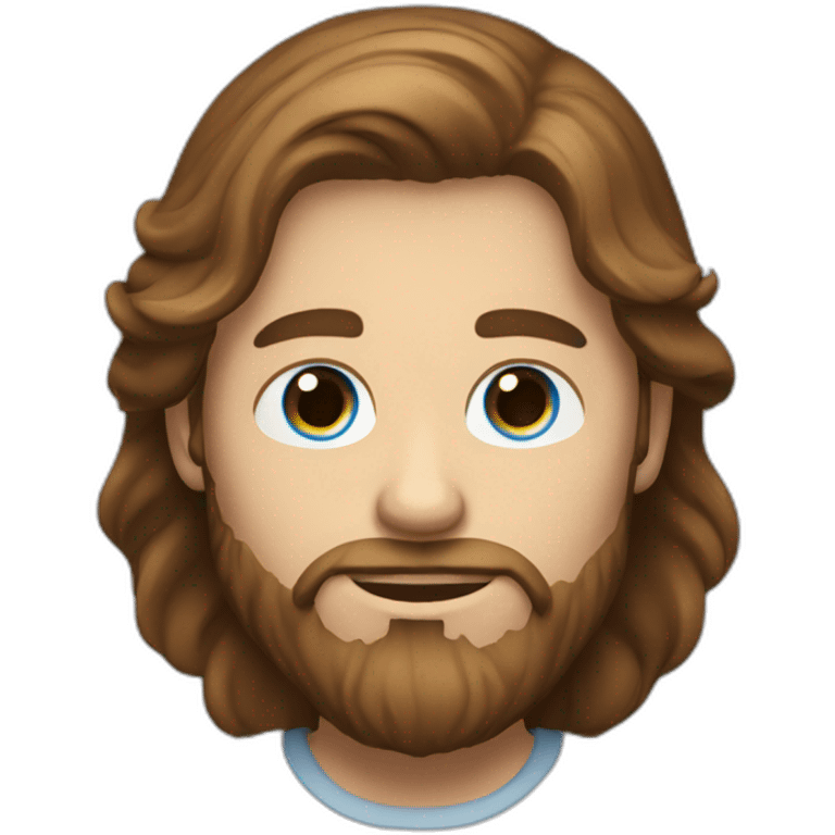 man with brown long hair, a beard and blue eyes holding an iphone emoji