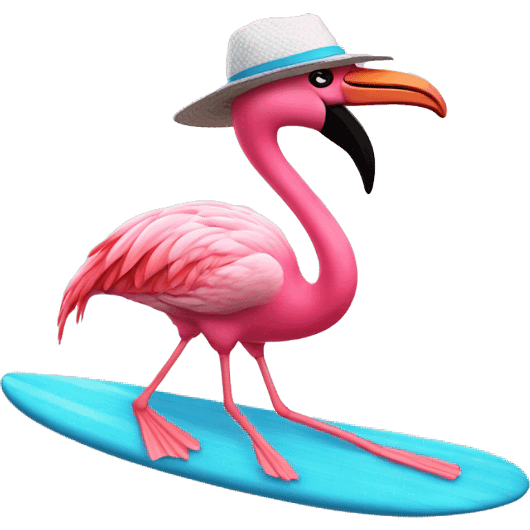 flamingo riding a surfboard wearing a hat emoji