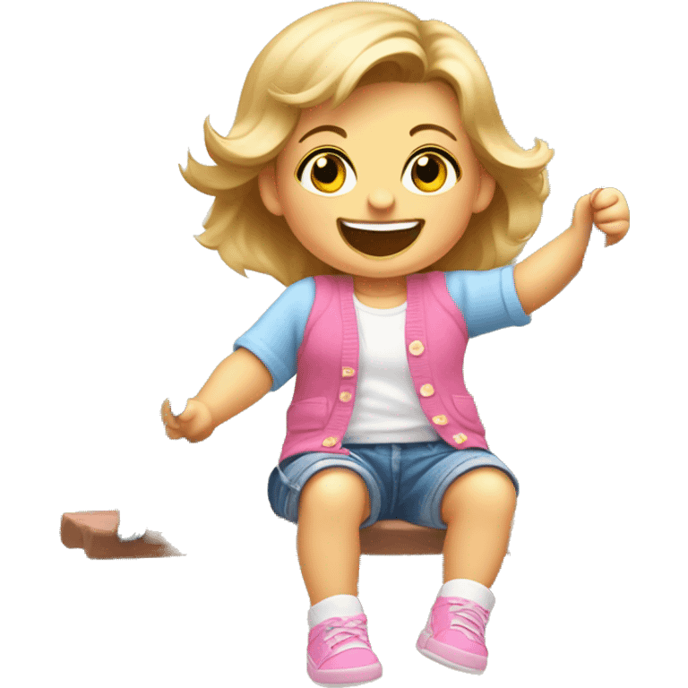 A white female baby aged 15months with browny blonde hair and blue eyes, wearing a pink Cardigan and denim shorts and blue shoes, on a swing in a park with a huge smile and smiling eyes emoji