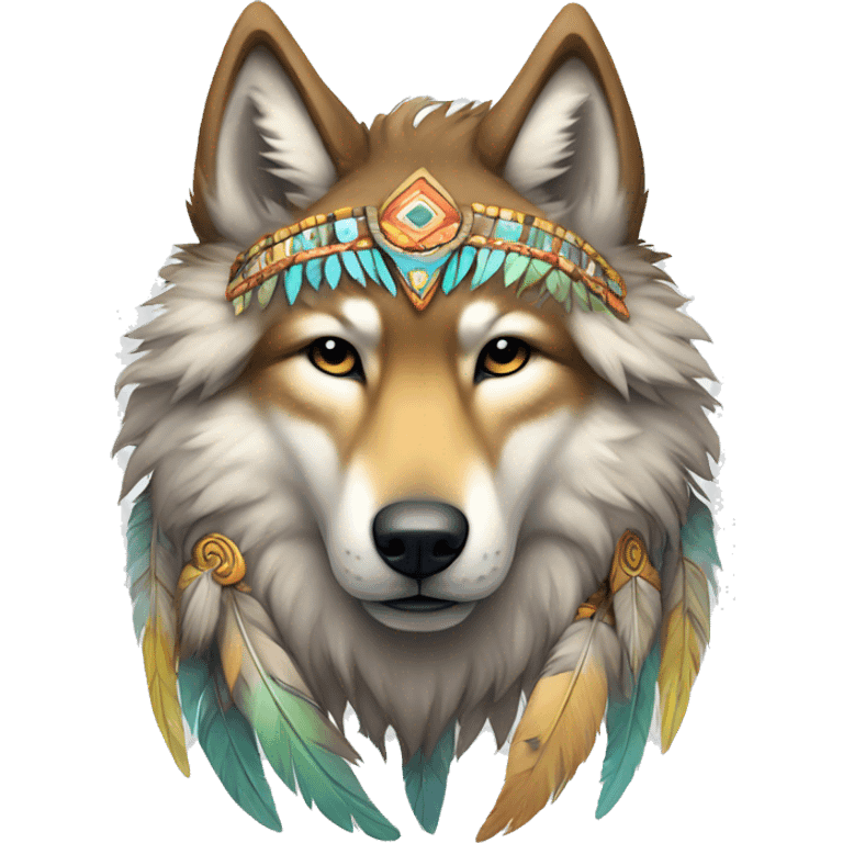 Fluffy Shy Colorful Spiritual Shamanic Wolf With Shiny Tribal Markings wearing feathers Full Body emoji