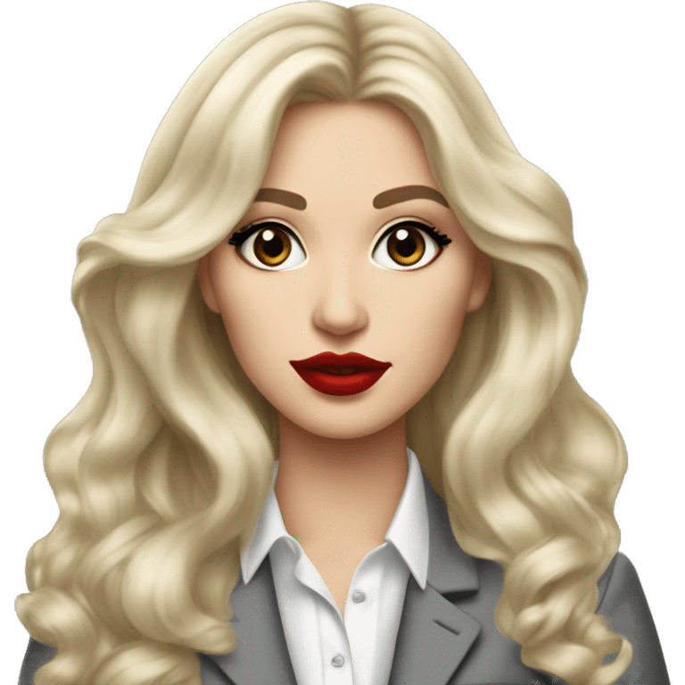 Russian Blonde long hair with big red lips small nose and black eyes Tiffany diamond seller in a grey suit emoji