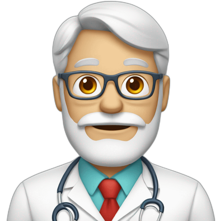 DOCTOR WITH WRINKLES, MAN, FULL GREY BEARD, GREY AND WHITE SHORT HAIR, RED GLASSES, holding a protein emoji