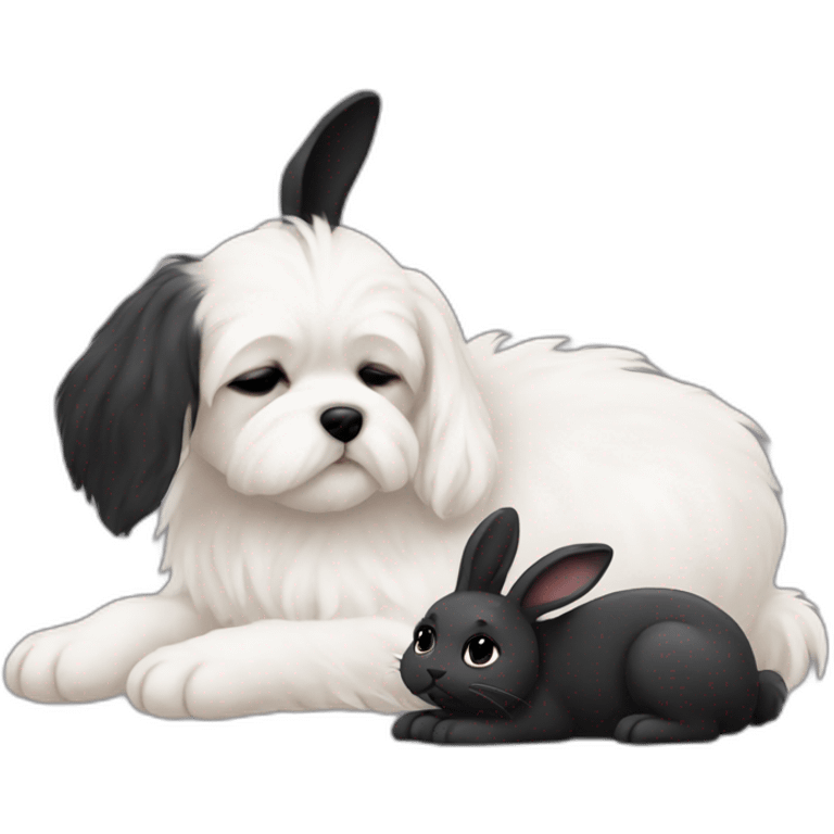 A Maltese dog sleeps with a black bunny emoji