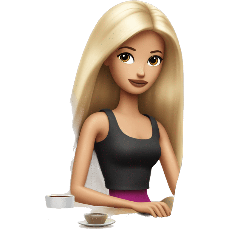 tired barbie with laptop drinking a lot of coffee emoji