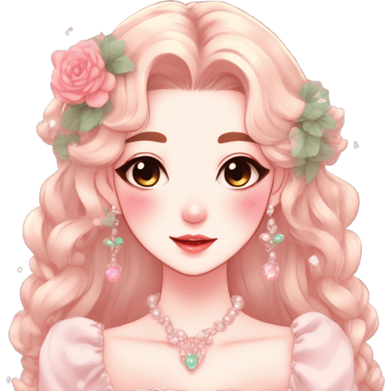 Gorgeous anime style lady with blushing face and accessories cottagecore fairycore Kawaii anime colorful pearly romantic aesthetic trending style emoji