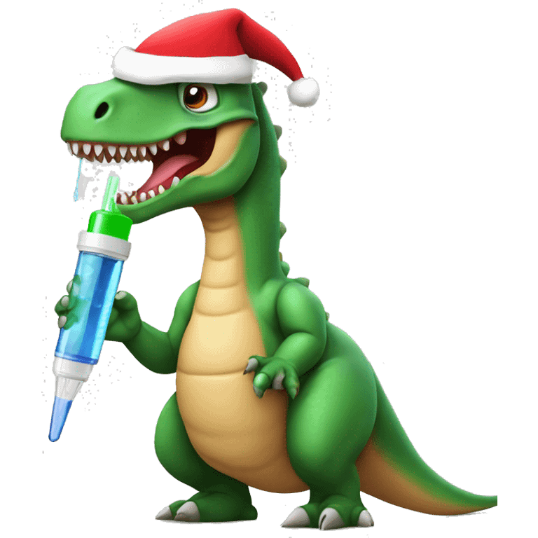 Dinosaur with Santa hat holding a syringe  emoji