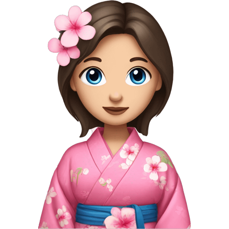 cute brunette girl with blue eyes in pink flower kimono emoji