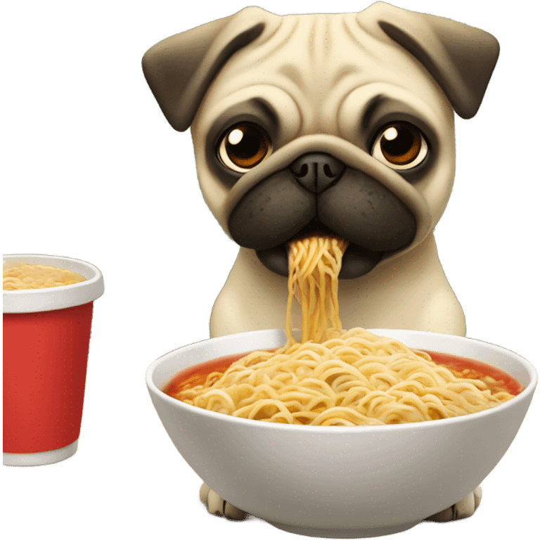 Crea un perro Pug comiendo ramen emoji