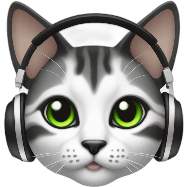 cat black and white, green eyes and white headset emoji