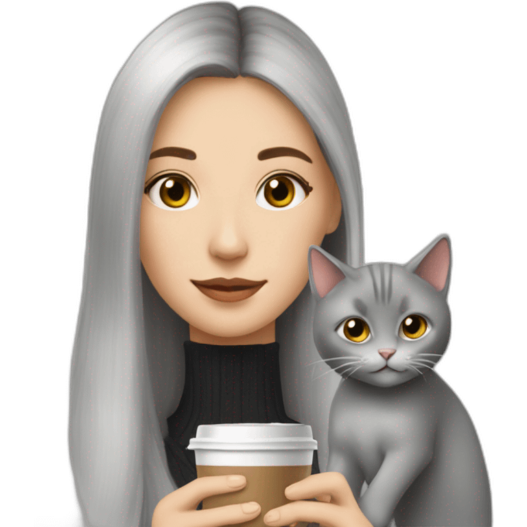 Girl with two Grey cats and a cip of coffee emoji