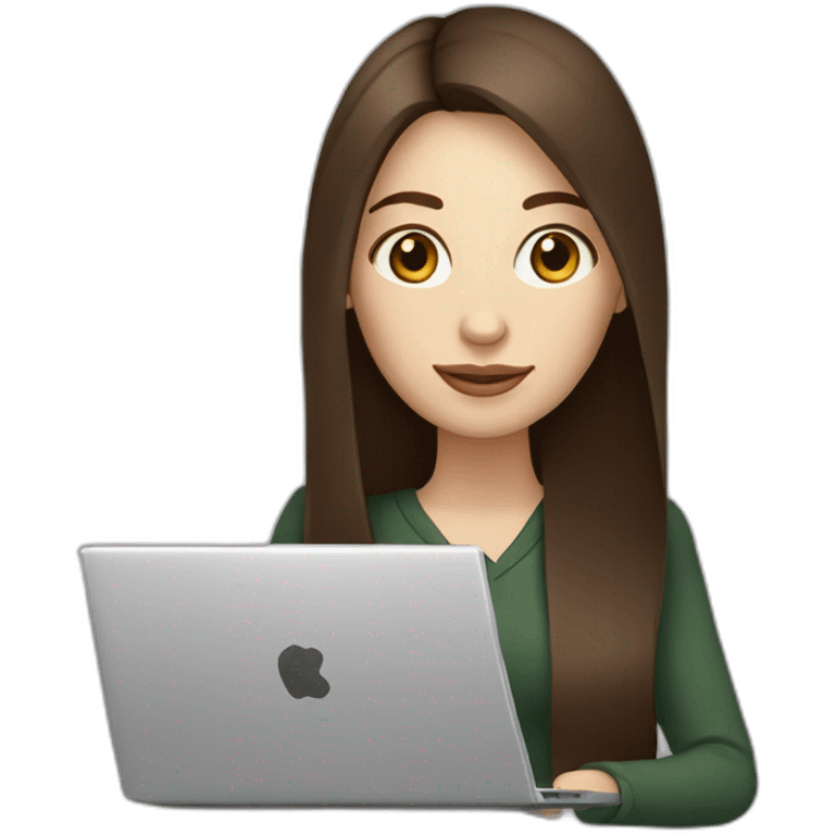 woman with long straight brown hair and pale skin holding a coffee mug on top of a laptop emoji