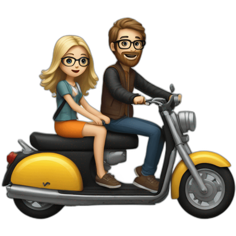 long hair boy with beard and spectacles and girl riding on black scooter emoji