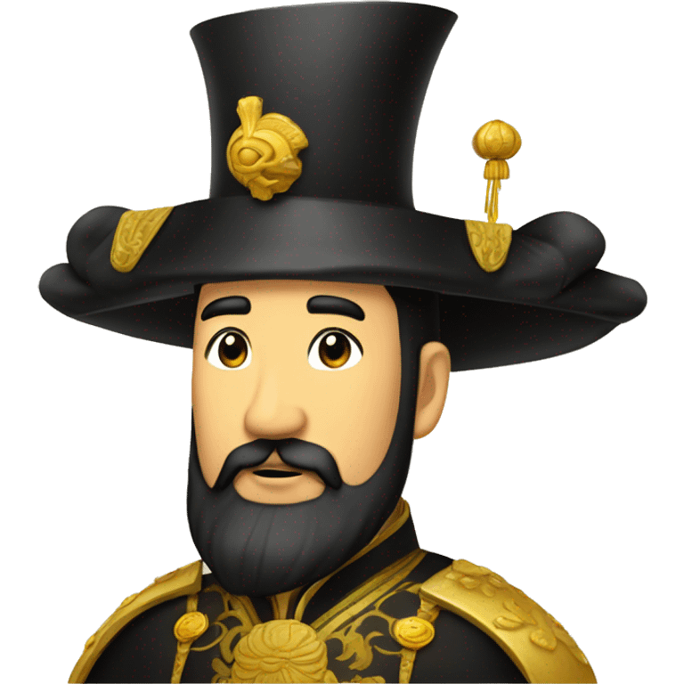 The Chinese emperor,with black hair and black beard,wore a high black golden hat  emoji