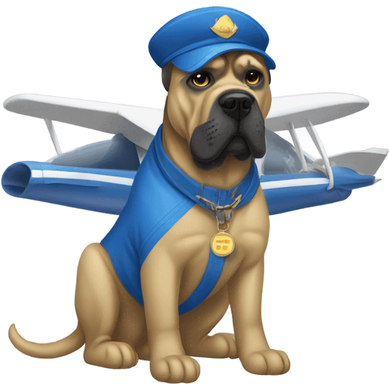 A Gold and Blue Cane Corso straddling a jet plane. emoji