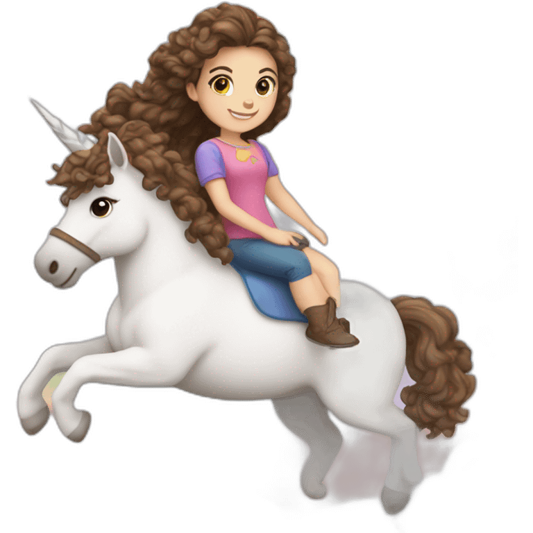 A brunette girl with breaded hair ride a unicorn on a rainbow emoji