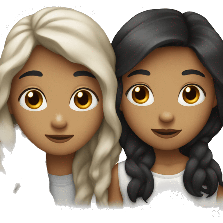 Two white best friends hugging one with wavy black hair and the other with straight brown hair emoji