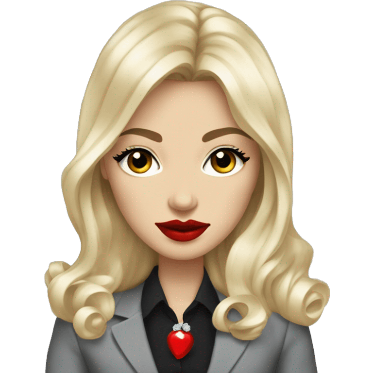 Russian Blonde long hair with big red lips small nose and black eyes Tiffany diamond seller in a grey suit emoji