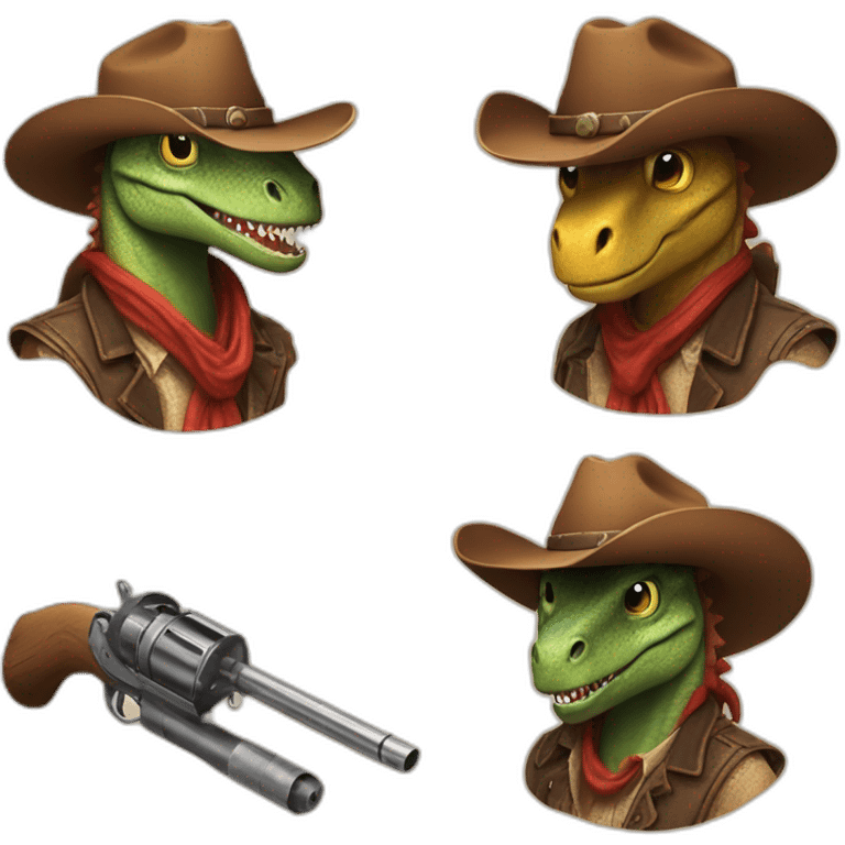 A wild west Dinosaur, welding a gun and a cowboy hat emoji