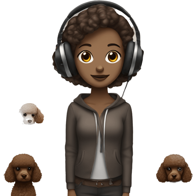 White girl, dark straight hair in headphones with brown poodle emoji