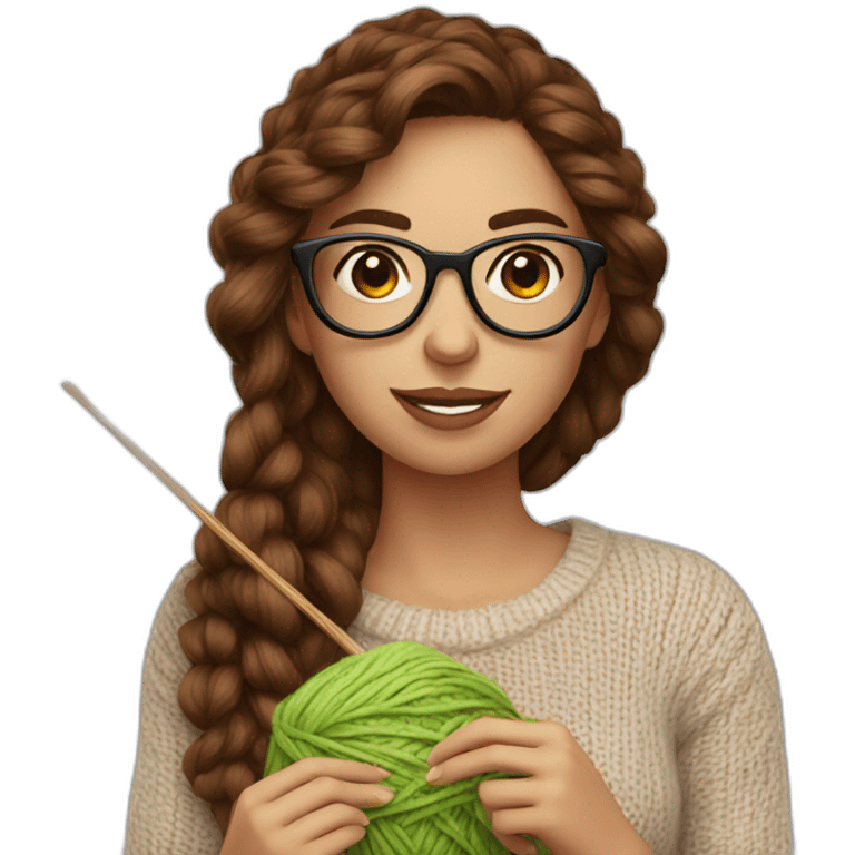 young woman brown hair and glasses holding knitting yarn in her hand emoji