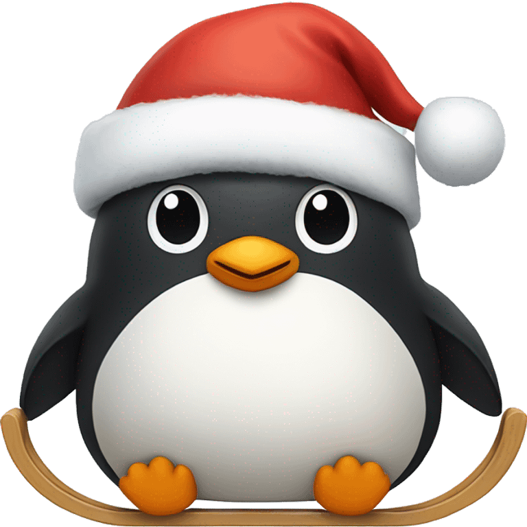 Fluffy penguin on a sled wearing a Santa hat emoji