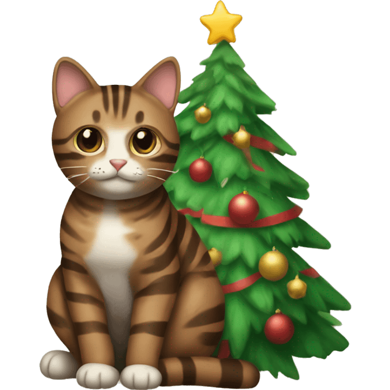 Brown striped cat sitting Christmas tree  emoji