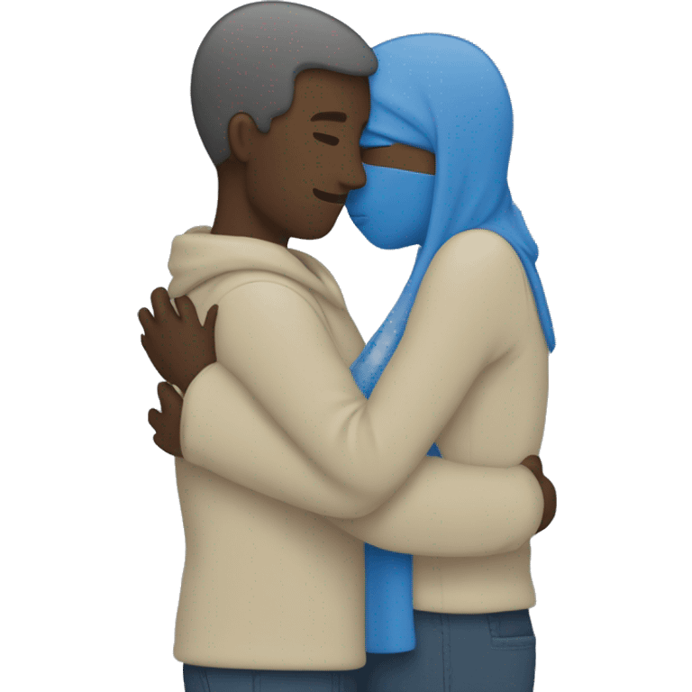 Two people hugging, shown as faceless blue forms on most platforms. Details of each person are not distinct and thus no options are available to customize the gender or skin tone of either individual. emoji