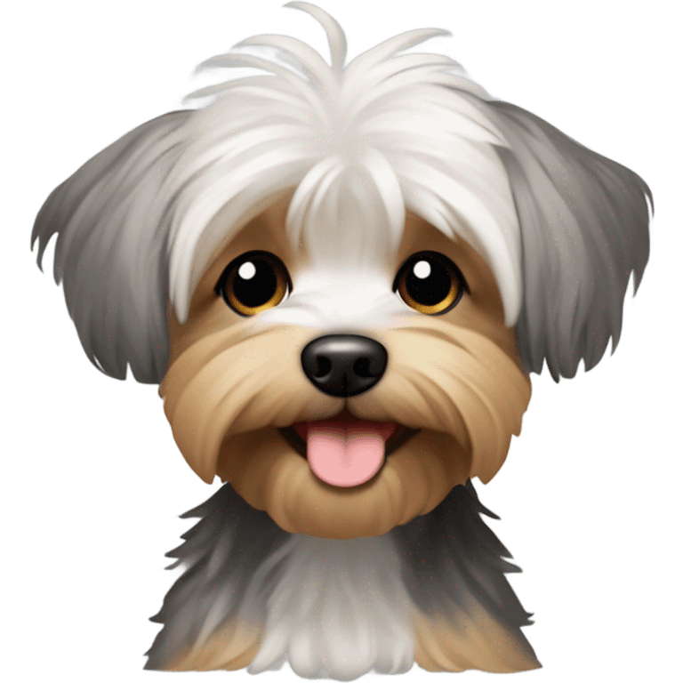 yorkie bichon mix. dog with grey and tan messy fur. dark brown eyes, mouth closed.  emoji